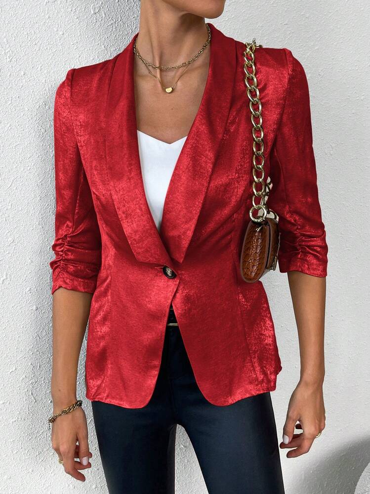 SHEIN Privé 1pc Women Gold Color Lapel Long Sleeve Blazer Jacket - Red - View 1