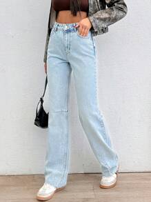 EURMUSE High Waist Wash Detailed Straight Jean - Medium Wash - View 4