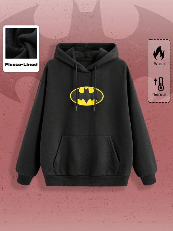 Batman X ROMWE هوديات نسائية مطبوعة بشعار الخفاش مع جيب كانجارو ، للربيع والخريف ، ملابس علوية بأكمام طويلة