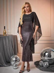 SHEIN Belle Women's Sequined Shawl Elegant Formal Dress, Suitable For Ball Gowns, Semi Formal Prom Dress, For Birthday, Wedding Guest, Graduation Homecoming For New Year Holiday Party Clothes