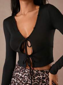 Hauture Women Black Autumn 70's Tie Front Fuzzy Leopard Print Patchwork Long Sleeve Top,Club Night Party Disco Winter Clothes For Date Performances Festivals - Black - View 2