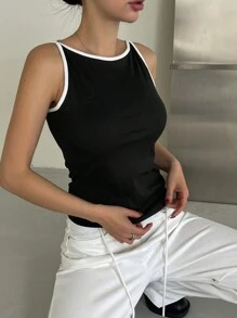 DAZY 女式条纹短款圆领修身背心，春夏 - 黑色 - 查看 8