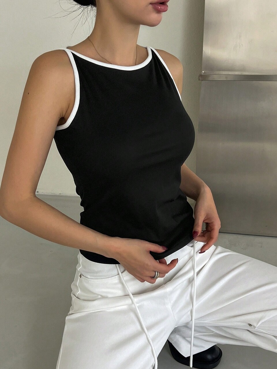 Women's Striped Short Scoop Neck Fitted Tank Top, Spring/Summer Halter Top