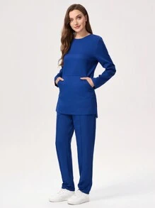 Scrubzie 2 件套女士抗皱功能性面料圆领长袖长款束腰上衣和紧身裤护理制服手术服套装 - 藍色 - 查看 5