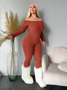 SHEIN SXY Combinaison moulante à col roulé grande taille, chaude - Tabac - Voir 3