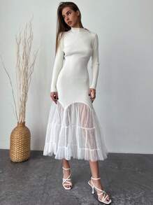 Aloruh 女士合身下摆网眼嵌花鱼尾毛衣连衣裙 - 白色 - 查看 5