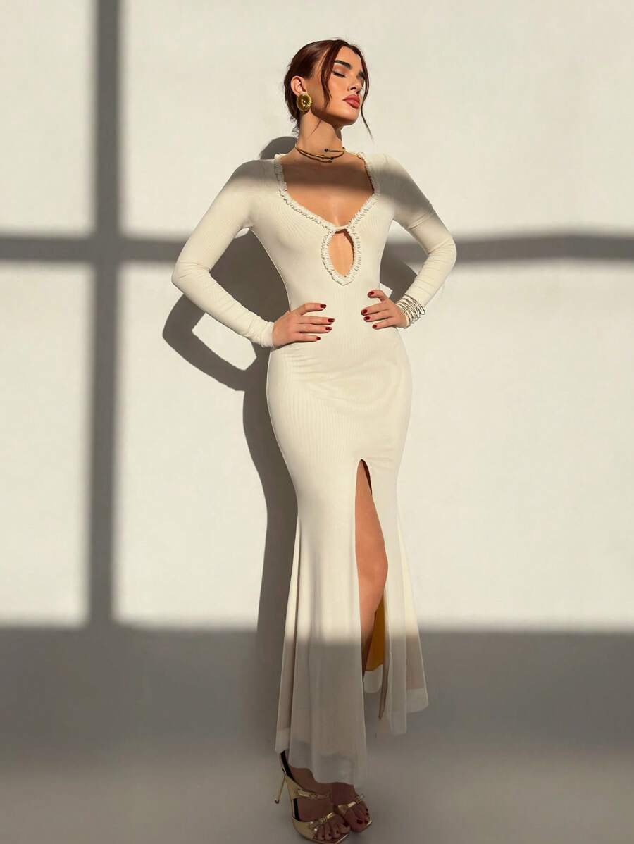 Aloruh Apricot Mesh Splice Tight V-Neck Lace Trim Long Sleeve High Slit Maxi Party Dress For Women - White - View 1