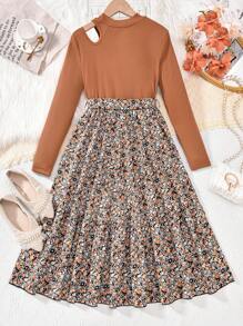 Bộ 2 áo thun dài tay có gân cho bé gái tuổi teen và chân váy dài in họa tiết có dây thắt lưng, trang phục thanh lịch cho mùa thu/đông - Màu nâu  Mocha - Xem 2