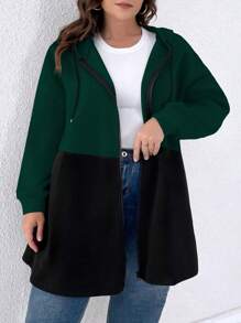 SHEIN CURVE+ Plus Size Solid Color Contrast Zipper Front Casual Hooded Coat