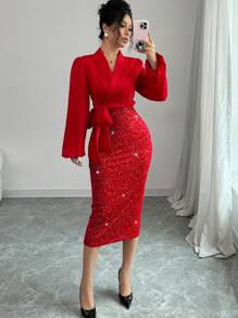 Selianne V 领锡箔拼布束腰女式优雅紧身连衣裙新年服装长款女装 - 紅色 - 查看 5