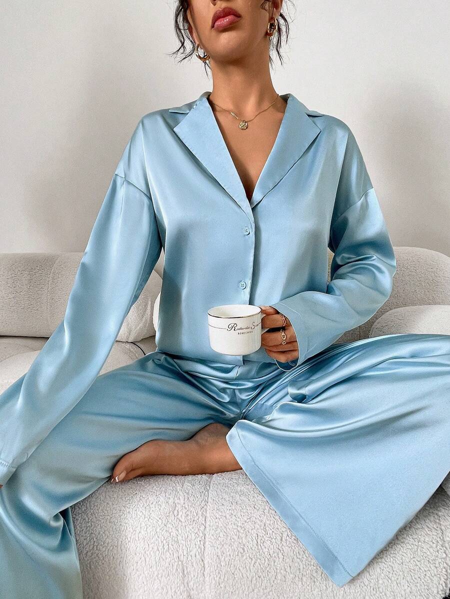 Chiquease Bộ đồ vest rộng rãi bằng vải satin dành cho nữ 2 món - Áo cổ bẻ và quần ống rộng - Màu xanh nhạt - Xem 1