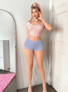 Sweetina 超低腰碎花开衩紧身短裤 - 淺藍色 - 查看 5