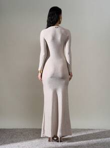 AiiRZ Robe longue brillante à encolure dégagée, taille froncée, volant à l'ourlet
