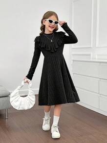 SHEIN Tween Girls Knit Ribbed Stand Collar Ruffle Hem Fitted Casual Long Sleeve Dress - Black - View 3