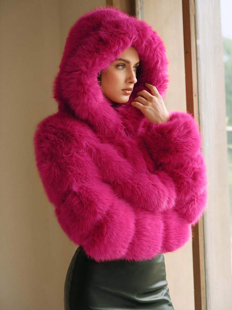 Anewsta New Elegant Lady Faux Fox Fur Trim Coat, Fashion Furry