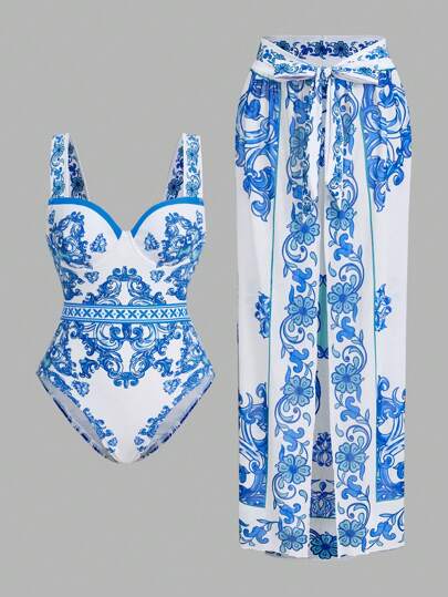 Swim Oasis 1 pieza Conjunto de traje de baño de 2 piezas premium con mangas con volantes y estampado floral bohemio de lujo para el verano
