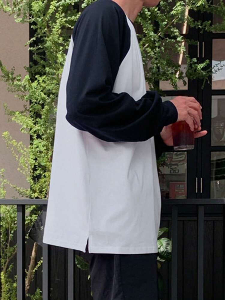 Autumn Patchwork Color Block Men's T-Shirt, Men Casual Daily Wear Long Sleeve Shirt, Fall