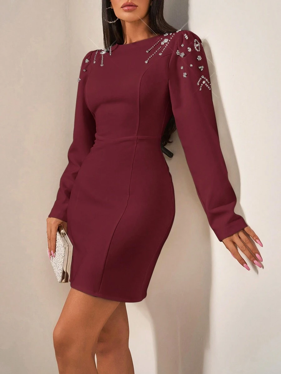 EURMUSE Premium Sprinkled With Sparkling Crystals Embellished Shoulder A-Line Crew Neck Long Sleeve Business To Party Fancy Mini Dress - Burgundy - View 1