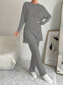 Cottnline Conjunto de 2 piezas de top de cuello redondo y pantalones de unicolor y franjas de 100% algodón para mujer