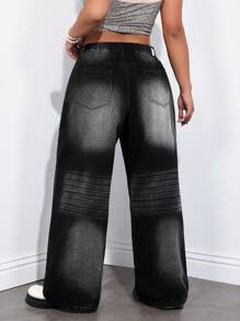 SHEIN ICON Straight-Leg Non-Stretch Washed Vintage Denim Jeans, Street Fashion - Black - View 2