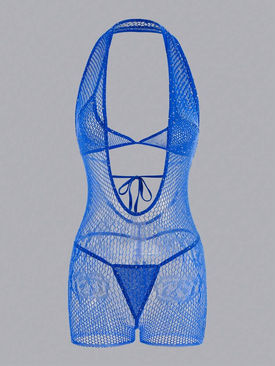ChaseTheNight Set Lingerie Wanita Jala Elastis Tinggi Seksi dengan Hiasan Batu untuk Pergi Keluar - Royal Blue - View 1