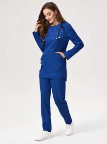 Scrubzie 2 件套女士抗皱功能性面料圆领长袖长款束腰上衣和紧身裤护理制服手术服套装 - 藍色 - 查看 3