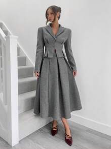 Siren Gaze Bộ đồ vest nữ 2 món phong cách Old Money thời trang công sở thường ngày màu trơn đơn hàng khuy dài tay và chân váy xếp ly, bộ vest len xám, bộ trang phục nữ, bộ mùa đông, bộ tay dài, bộ đồ hai mảnh mùa thu, cho mùa thu/đông - Màu xám đen - Xem 1
