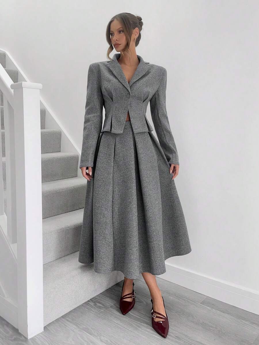 Siren Gaze Bộ đồ vest nữ 2 món phong cách Old Money thời trang công sở thường ngày màu trơn đơn hàng khuy dài tay và chân váy xếp ly, bộ vest len xám, bộ trang phục nữ, bộ mùa đông, bộ tay dài, bộ đồ hai mảnh mùa thu, cho mùa thu/đông - Màu xám đen - Xem 1
