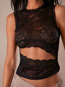 Hauture Women's Black Lace Asymmetric Cut Out Party Top