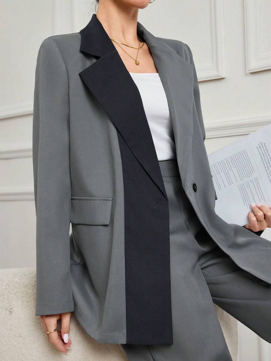 Modelyn Damen koreanischer Stil Lässig Farbblock Patchwork Blazer Jacke & Hose 2-teiliger Hosenanzug