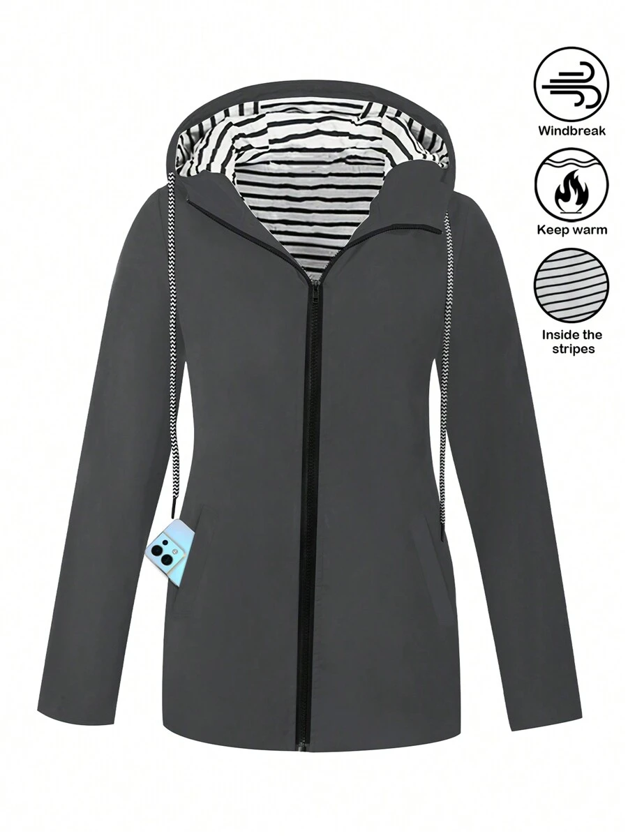 SHEIN LUNE Women Regular Fit Hooded Pocket Casual Jacket For Autumn