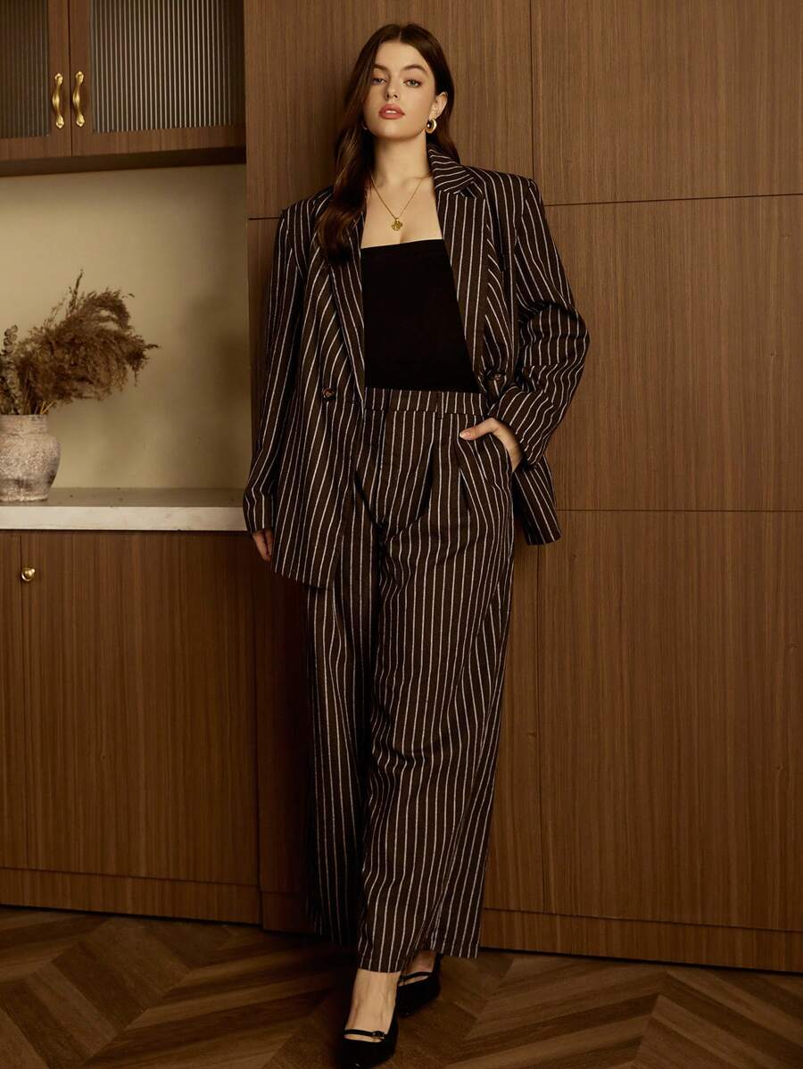 Elaquor Plus Size Striped Loose Blazer Suit Set, Includes Top & Pants,Winter,Brown Two Pieces Set - Coffee Brown - View 1