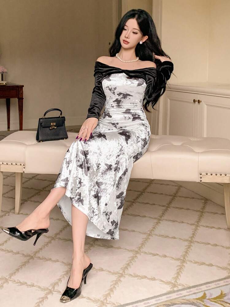 Women Butterfly Print Elegant Off Shoulder Long Sleeve Velvet Midi Dress  For Autumn/Winter Prom Dress,Fall Women ClothesDAZY