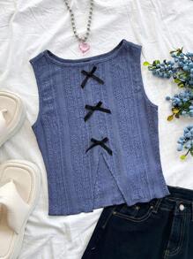 Soleia Women's Vacation Knitted Heather Blue Textured Fabric Round Neck Front Ribbon Bow Contrast Decor Front & Hem Slit Fitted Camisole, Fashionable Autumn/Winter Underlayer - Blue - View 1