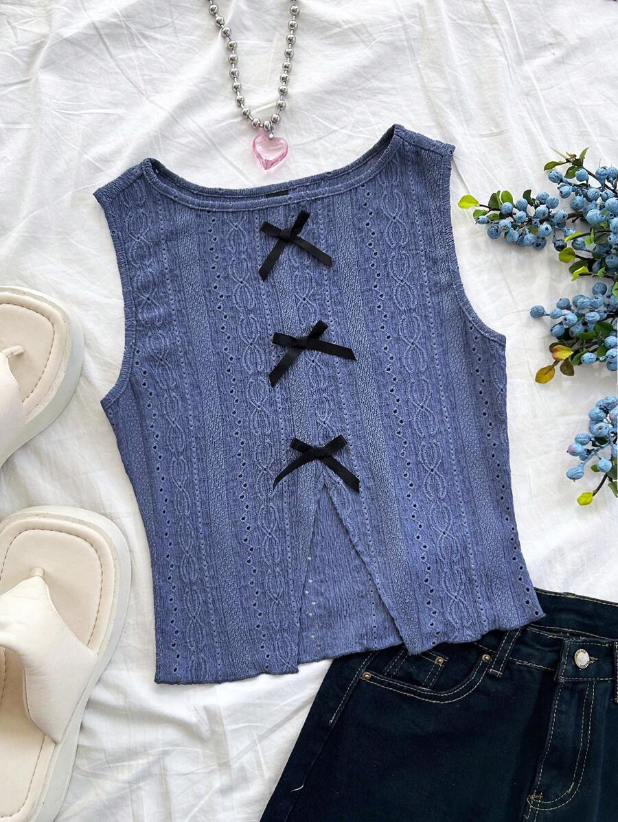 Soleia Women's Vacation Knitted Heather Blue Textured Fabric Round Neck Front Ribbon Bow Contrast Decor Front & Hem Slit Fitted Camisole, Fashionable Autumn/Winter Underlayer - Blue - View 1