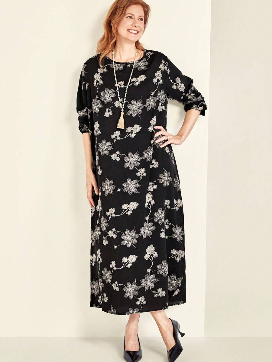 SHEIN Clasi 大码女式花卉印花圆领长袖休闲连衣裙