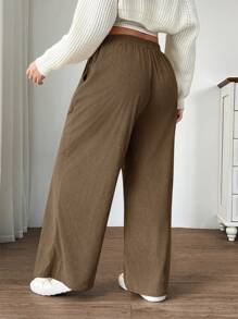 SHEIN EZwear Pantalones anchos de pana color caqui de cintura alta para mujer de talla grande, con bolsillos y diseño de parche, aptos para escuela, uso diario, trabajo en interiores, otoño e invierno