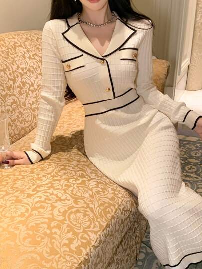 DAZY 女士秋冬翻领长袖纽扣设计拼色毛衣连衣裙，秋季女装