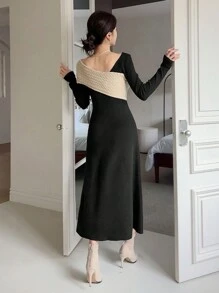 DAZY 1pc Women Asymmetric Contrast Color Sweater Dress Off Shoulder,Fall Clothes - Black - View 2