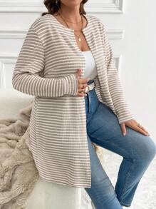 SHEIN LUNE 大码女式条纹长袖开襟休闲宽松外套，秋季大码秋装感恩节女装新年冬装女装热卖 - 彩色 - 查看 5