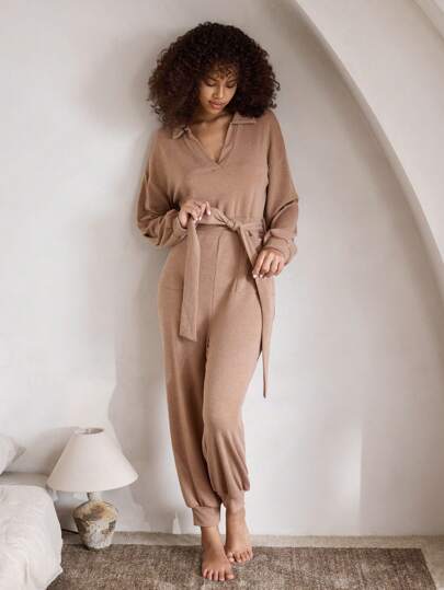 Ocili 女士纯色长袖前系带口袋简约休闲睡衣连体裤