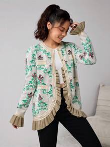 Teen Girls All-Over Print With Pockets Front Button Ruffle Hem Vintage Long Sleeve Cardigan - Green - View 2