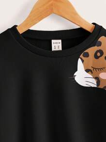 SHEIN Tween Girls Leopard Print Pattern Casual Long Sleeve Sweatshirt - Black - View 4