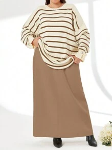 SHEIN Cottnline Striped Pattern Drop Shoulder Sweater & Knit Skirt - Brown - View 1