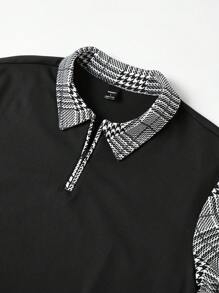 Manfinity Homme Camisa polo de manga larga casual con cremallera delantera, con diseño de cuadros y parches, camisa de golf con cuello de color block de moda para hombres