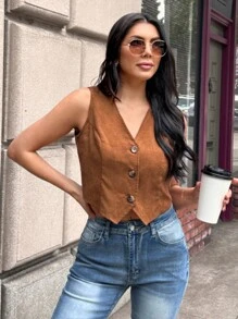 SHEIN LUNE 女式夏季休闲复古深卡其色前扣无袖衬衫 - 摩卡棕 - 查看 5