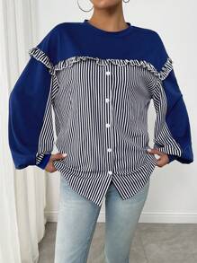 Chiquease 女士撞色条纹荷叶边圆领休闲卫衣（随机印花）套头衫 秋季 - 寶藍色 - 查看 1