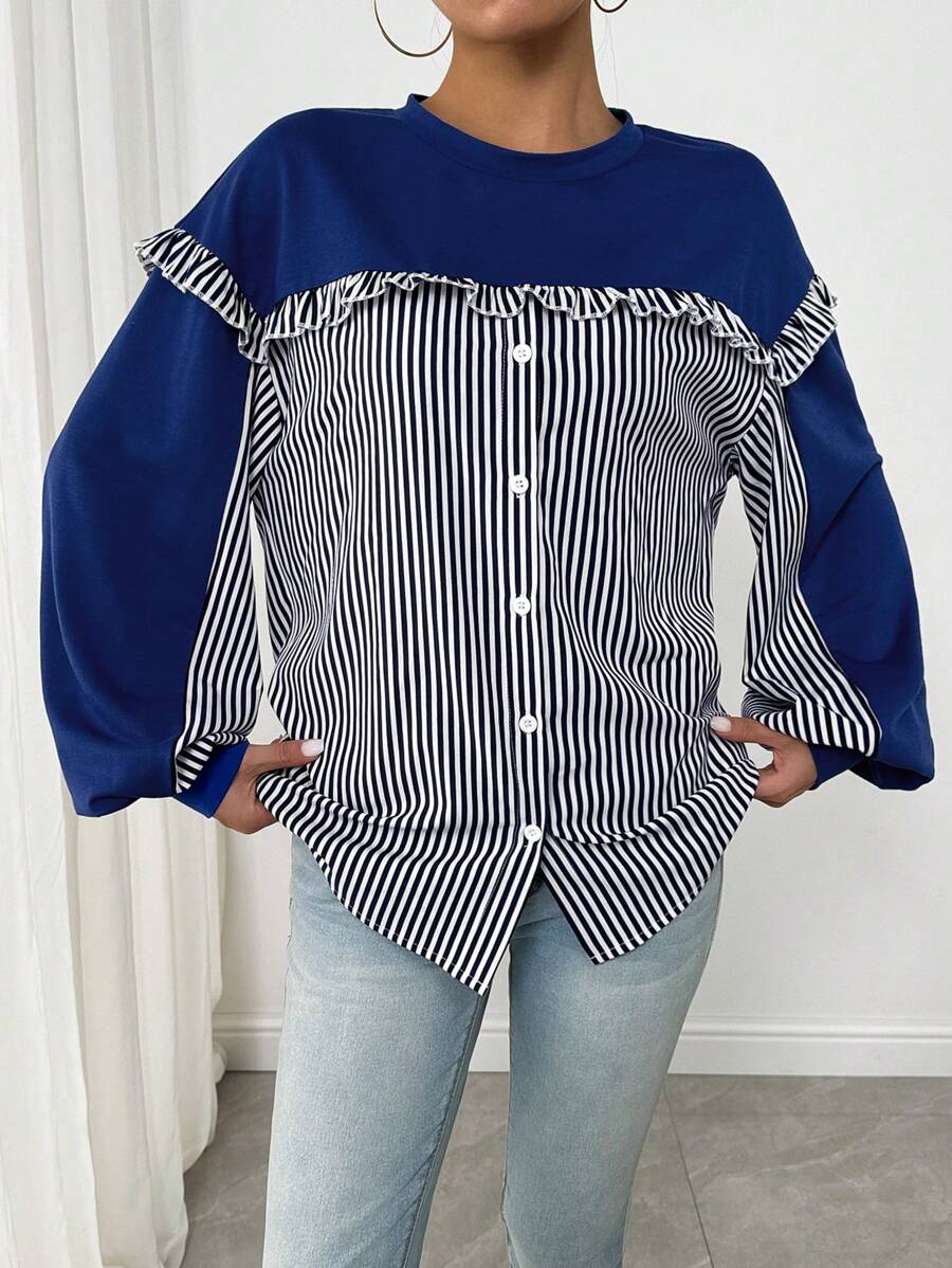 Chiquease 女士撞色条纹荷叶边圆领休闲卫衣（随机印花）套头衫 秋季 - 寶藍色 - 查看 1