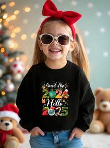 Young Girl Casual Comfortable Thermal Lined Long Sleeve Crew Neck Sweatshirt, Autumn/Winter, For Christmas - Black - View 1
