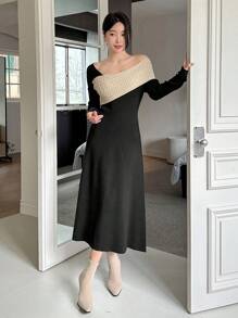 DAZY 1pc Women Asymmetric Contrast Color Sweater Dress Off Shoulder,Fall Clothes - Black - View 1